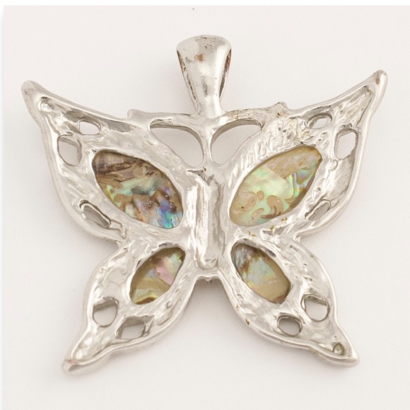 Abalone Shell Inlay Butterfly Necklace Pendant Silver Tone - Picture 2 of 3